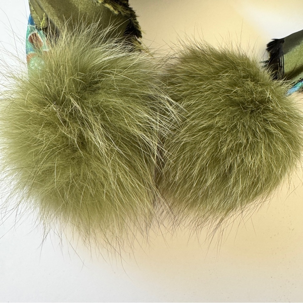Scarf Ruffle Printed Solid Rabbit Fur Pom-Pom Green Made in France Art to Wear - Picture 5 of 12